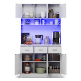 Buffet de cuisine multifonction 100x40x180 cm en MDF blanc avec LED télécommandées, prises électriques, ports USB, tiroirs et étagères réglables