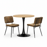 Ensemble de salle à manger de style scandinave composé d'une table ronde en chêne et de 2 chaises en suédine marron à assise rembourrée