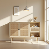 Buffet en bois finition chêne avec 1 tiroir et 2 portes magnétiques en rotin, étagères réglables et pieds en bois massif pour un rangement élégant et pratique. â€?120x40x80 cm