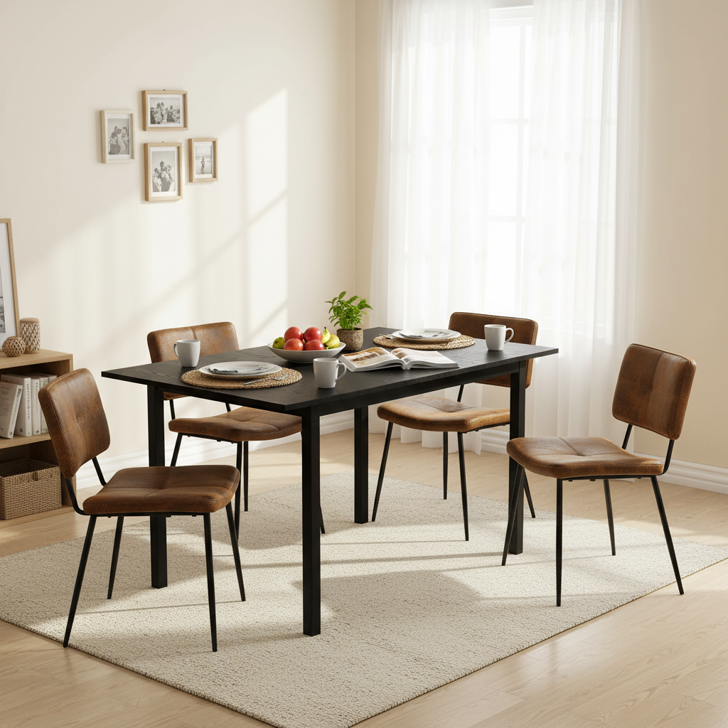 Ensemble table à manger extensible noire et 4 chaises en tissu suédine, style scandinave
