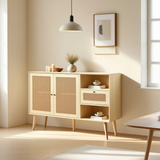 Buffet en bois finition chêne avec 1 tiroir et 2 portes magnétiques en rotin, étagères réglables et pieds en bois massif pour un rangement élégant et pratique. â€?120x40x80 cm