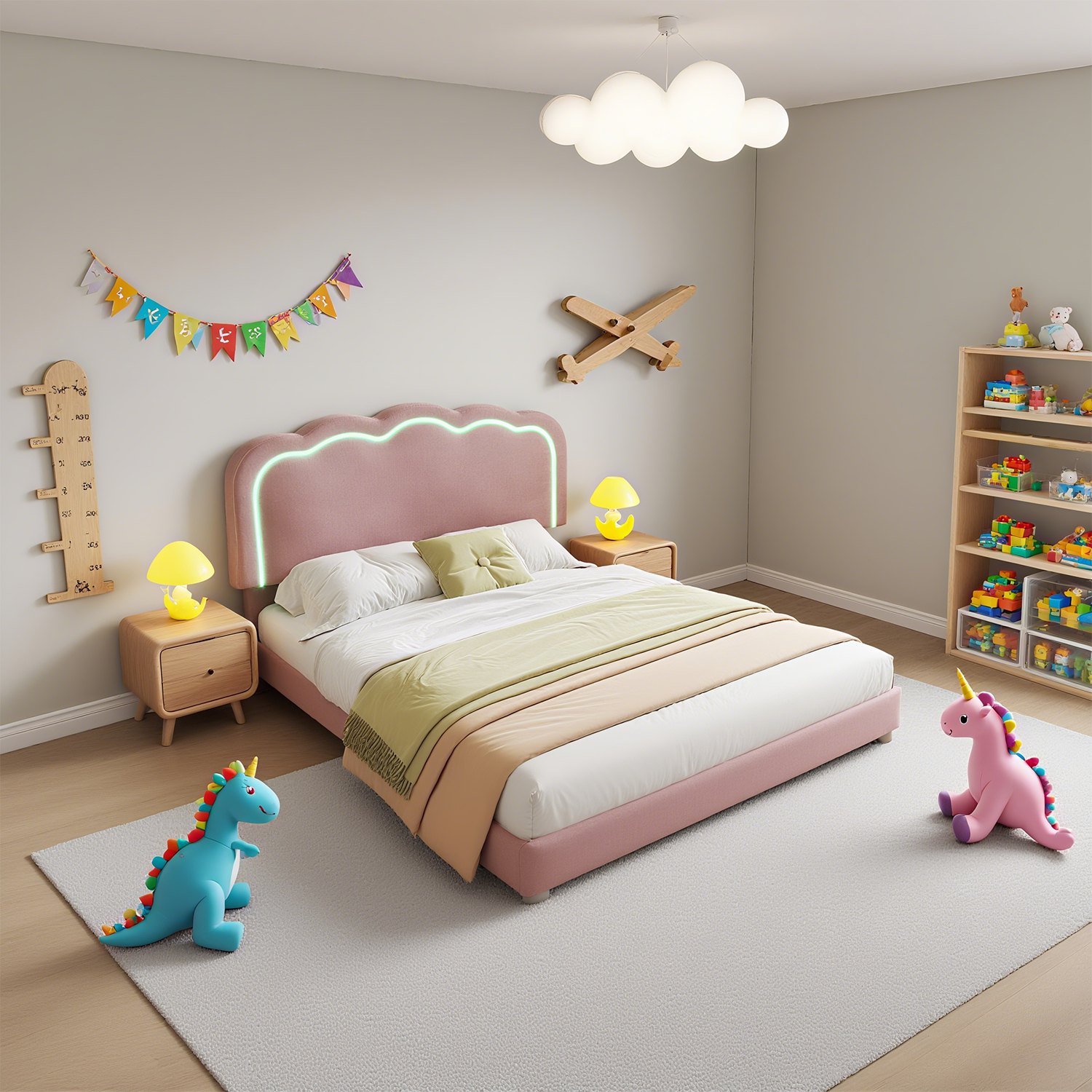 Lit enfant rembourré 90×190 cm avec LED, en velours rose avec tête de lit réglable et sommier à lattes (sans matelas)