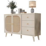 Buffet de salon et salle à manger en blanc cassé avec portes en rotin et 3 tiroirs, meuble de rangement moderne 120 cm de large