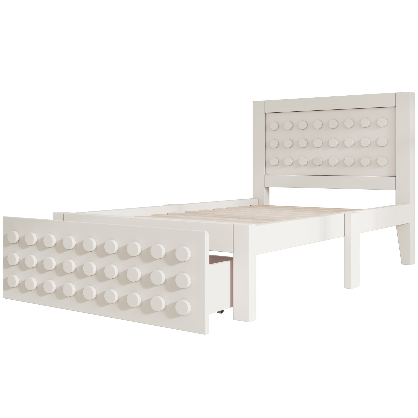 White child bed 90x200 cm with storage drawer and creative design in blocks, solid wood frame
