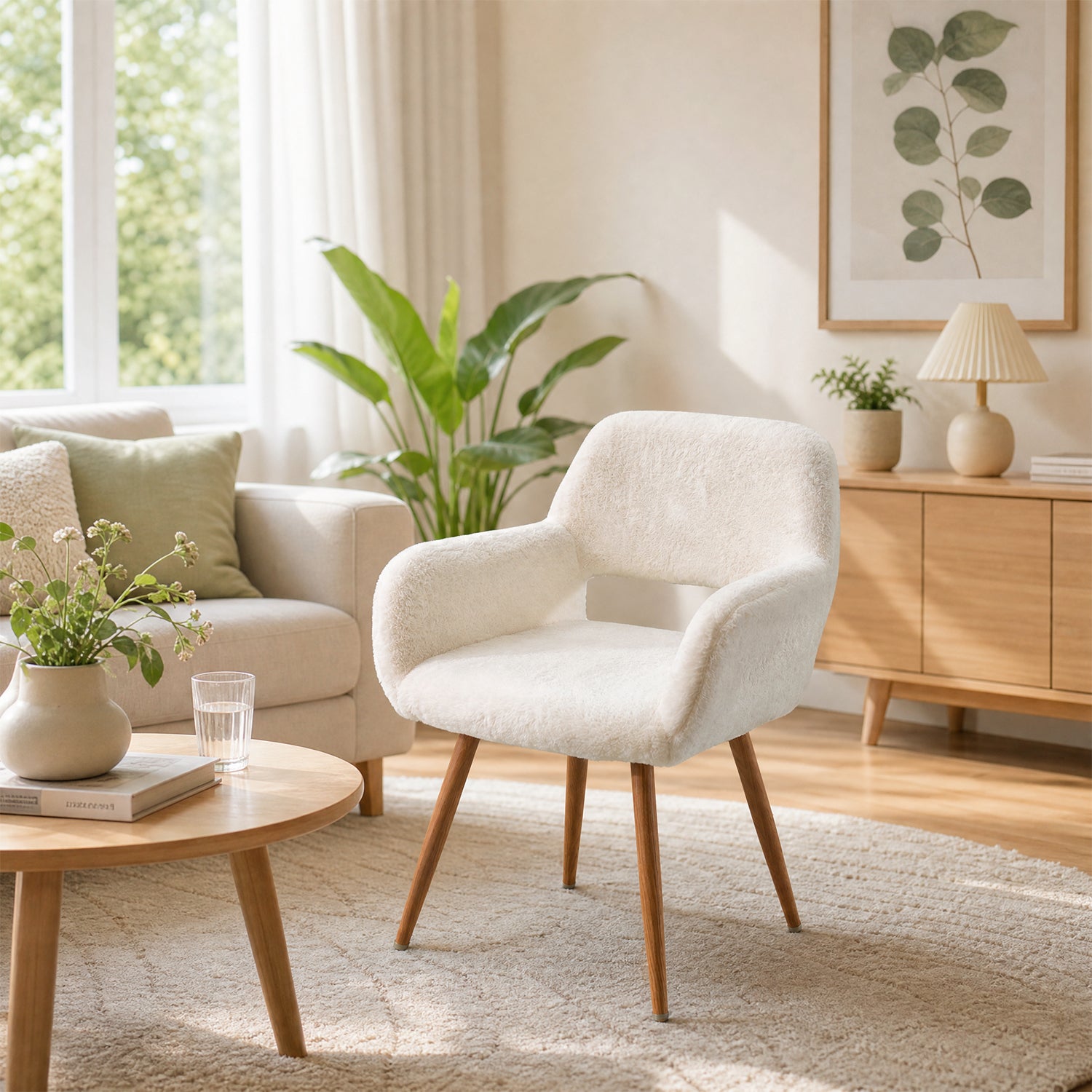 Lot de 2 fauteuils de salle à manger de style scandinave en fausse fourrure blanche avec pieds en métal effet bois