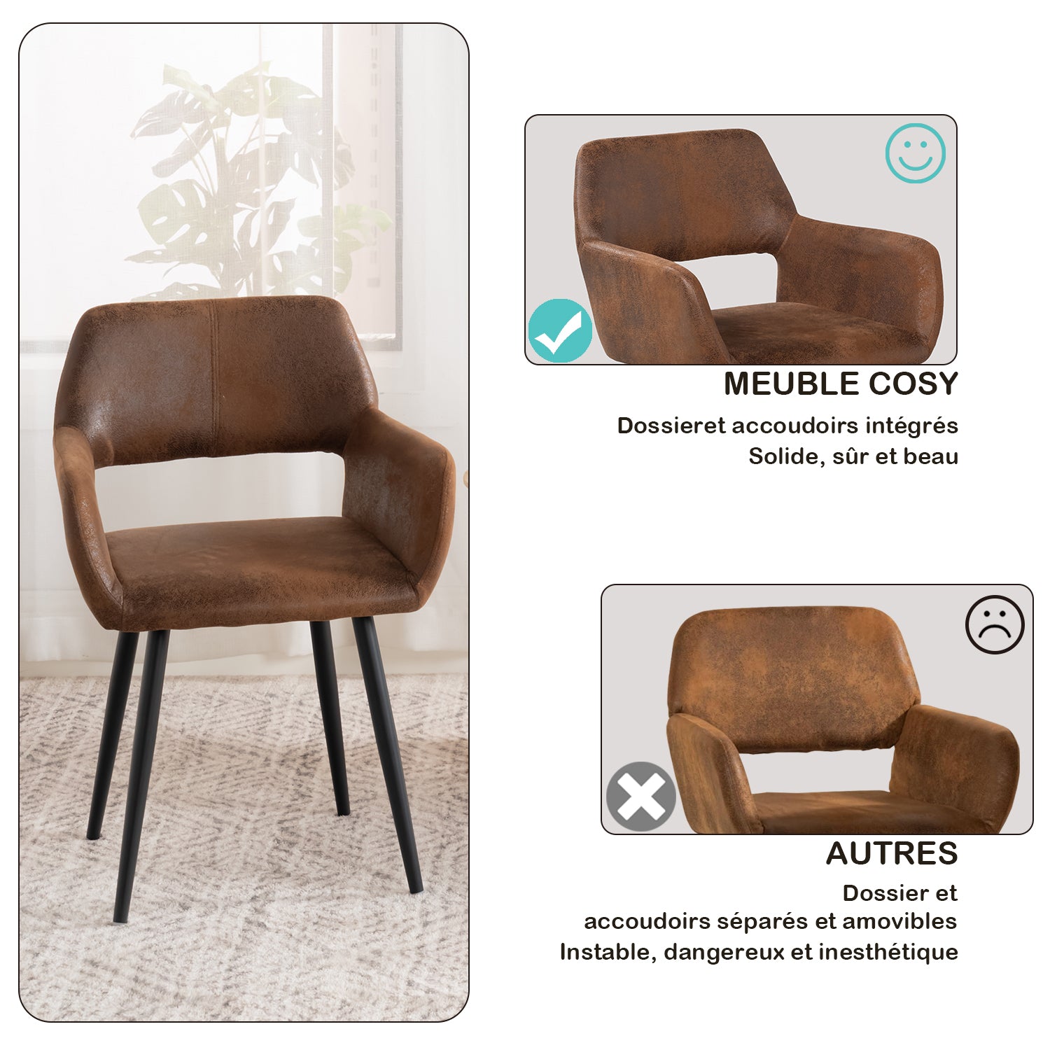 Lot de 2 fauteuils de salle à manger industriels avec accoudoirs en suédine - CROMWELL