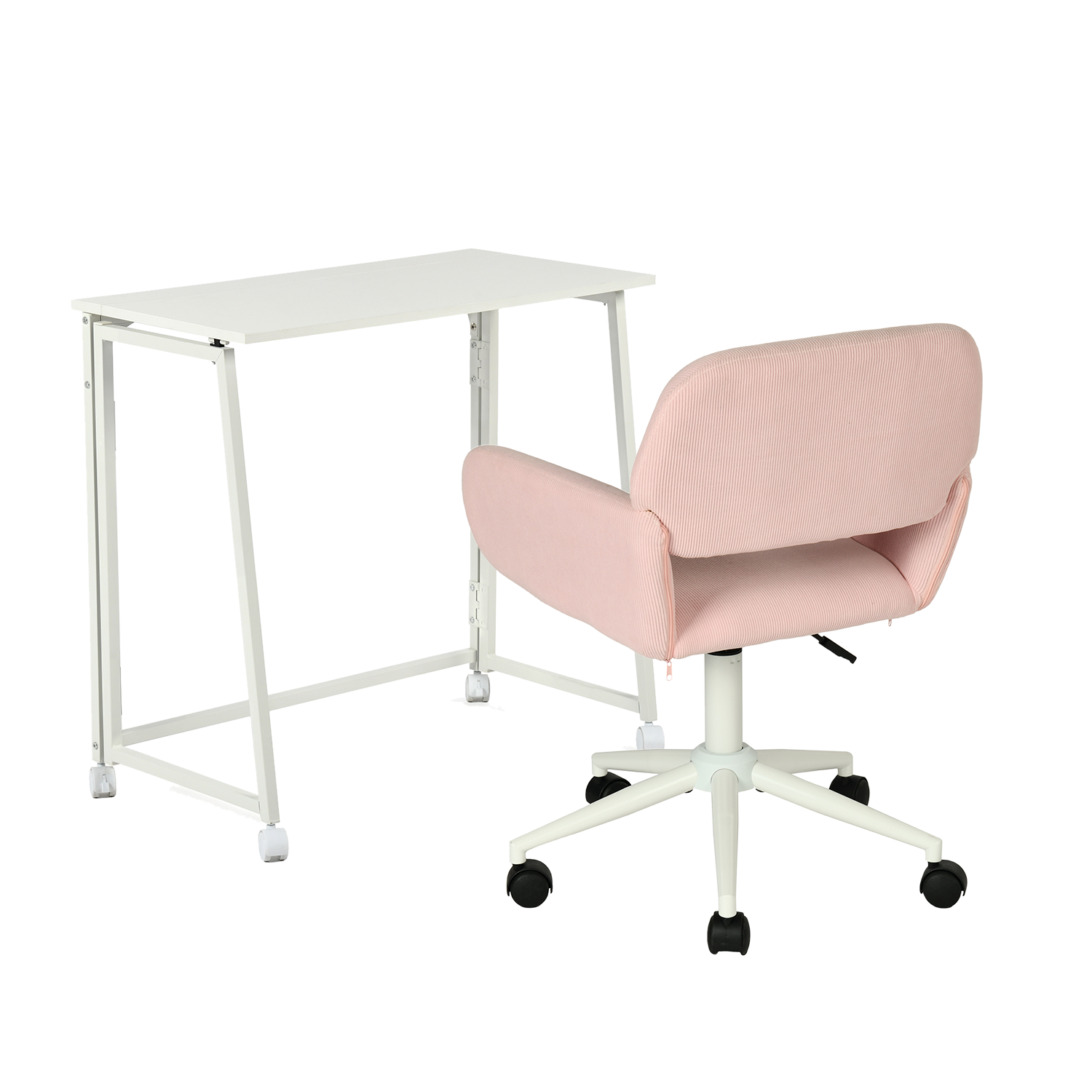 Ensemble avec bureau pliable blanc à roulettes et fauteuil en velours côtelé vert olive âââââââ€?ASCOLI & ROSS