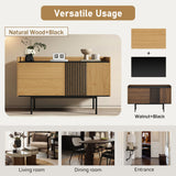 Modernes minimalistisches Buffet 130 cm mit 2 Schubladen, Türen und verstellbares Regal, schwarzes Tablett und Eichendekor, schwarze Metallfüße