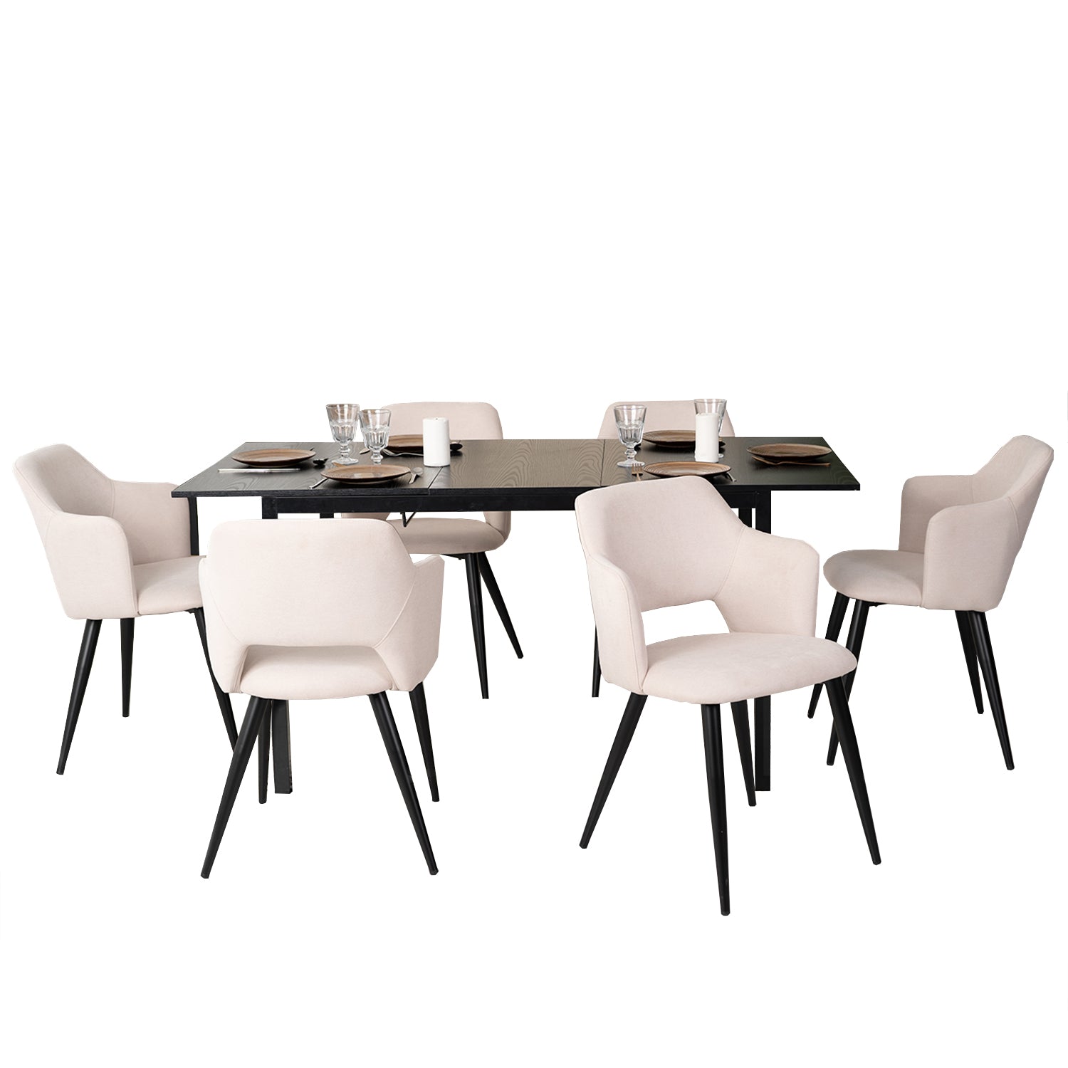 Ensemble table à manger extensible noire et 6 fauteuils en tissu beige de style scandinave