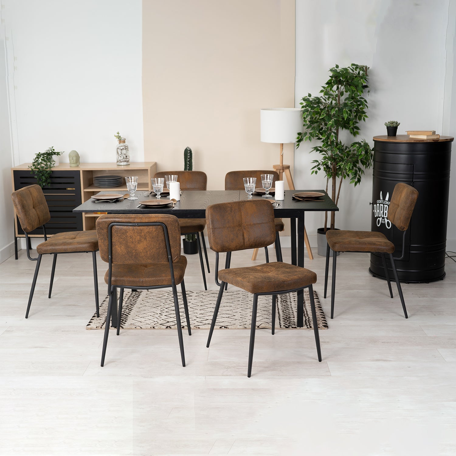 Ensemble table à manger extensible noire et 6 chaises en tissu suédine, style scandinave