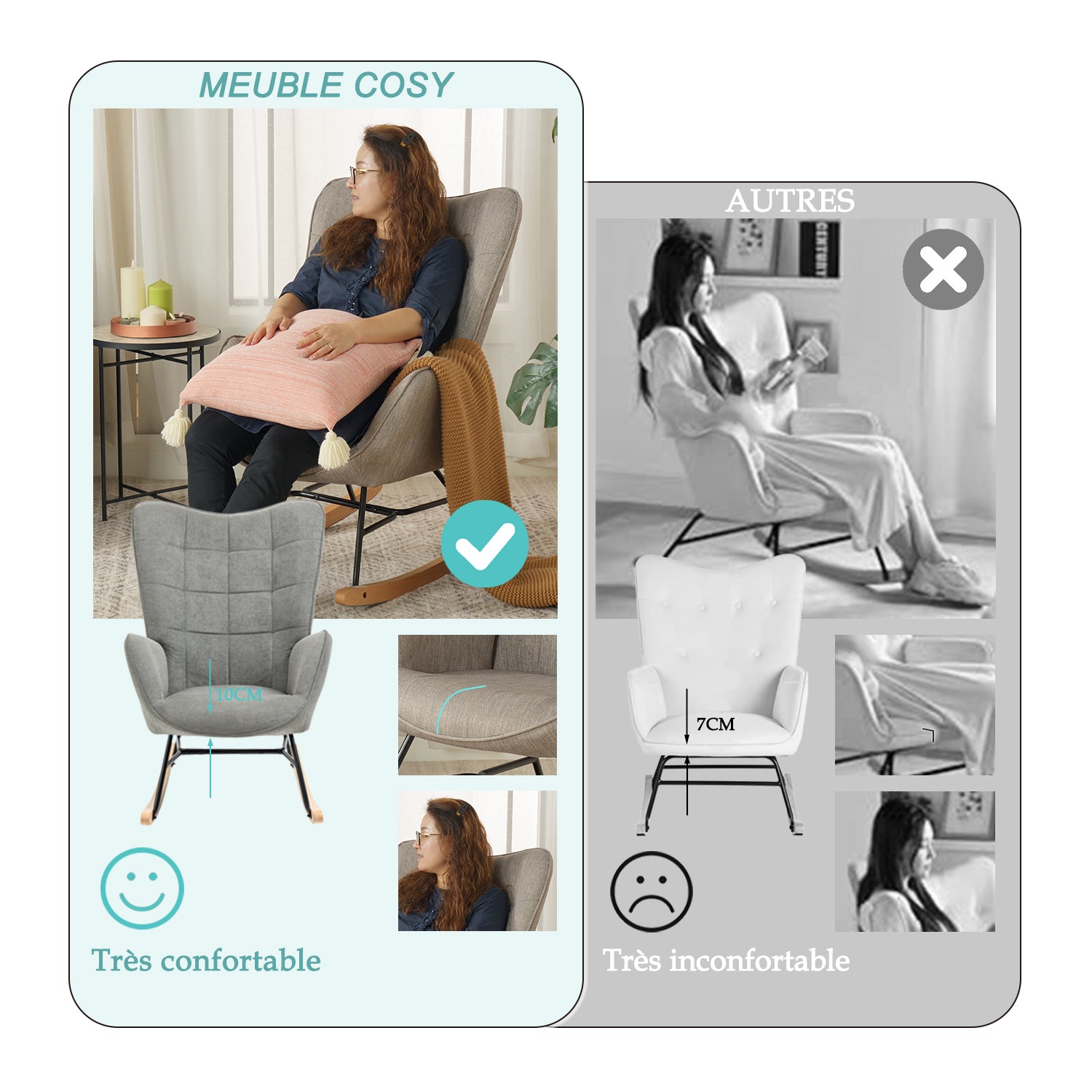 Scandinavian breastfeeding armchair with armrests in gray fabric with stitching - Funkel