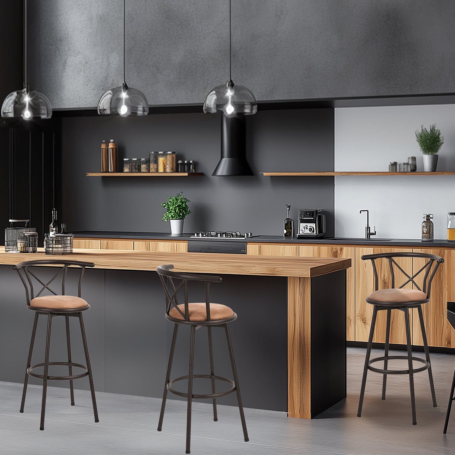 Lot de 4 tabourets de bar industriels pivotants avec dossier en tissu marron - HAILEY 29