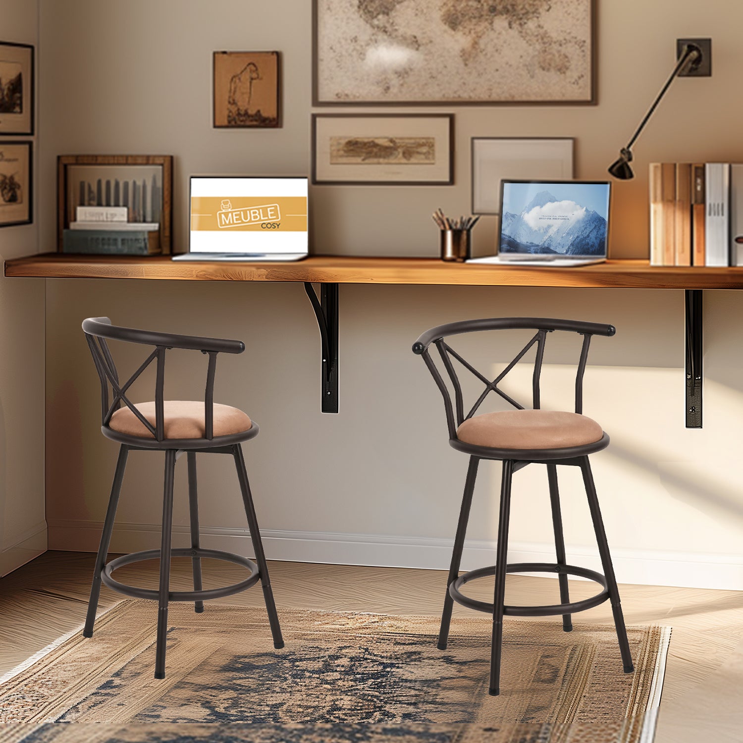 Set of 4 pivoting industrial bar stools with brown fabric file - Hailey 24