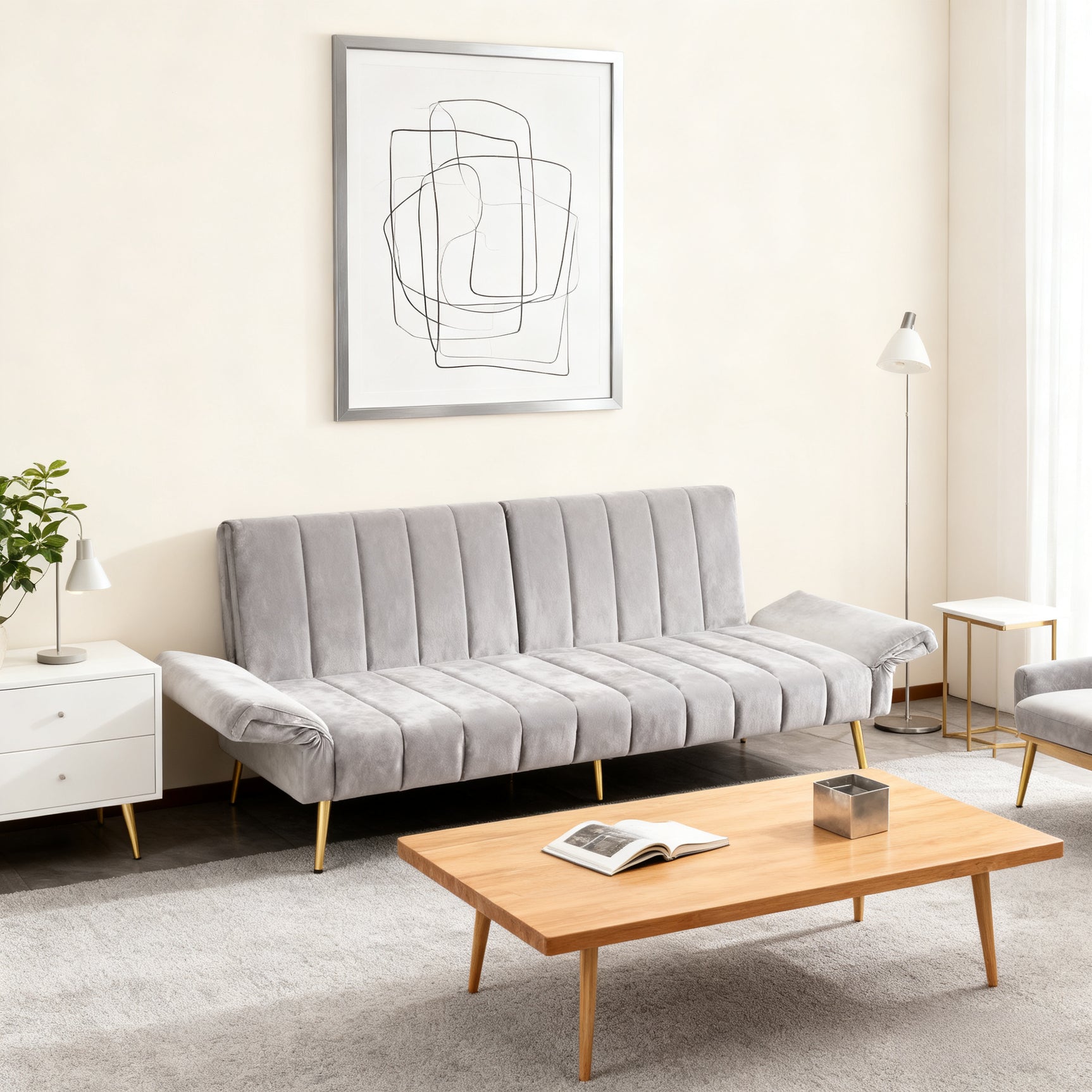 2-seater sofa bed in dark gray fabric with side pockets, modern convertible sofa