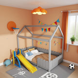 Lit cabane enfant 90x200 cm gris en bois massif avec barrières de sécurité et sommier à lattes (sans matelas)