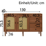 Buffet en bois style campagne avec portes en cannage, étagères réglables et tiroirs 130 × 75,5 × 40 cm