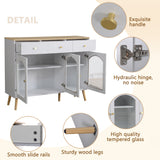 Buffet blanc et bois naturel avec 3 tiroirs et 3 portes cintrées en verre trempé, grand espace de rangement élégant