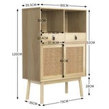 Hohes Sideboard aus Holz im modernen Stil mit Türen aus natürlichem Rattan, 2 Schubladen und 2 offenen Nischen – 80 x 39,5 x 120 cm