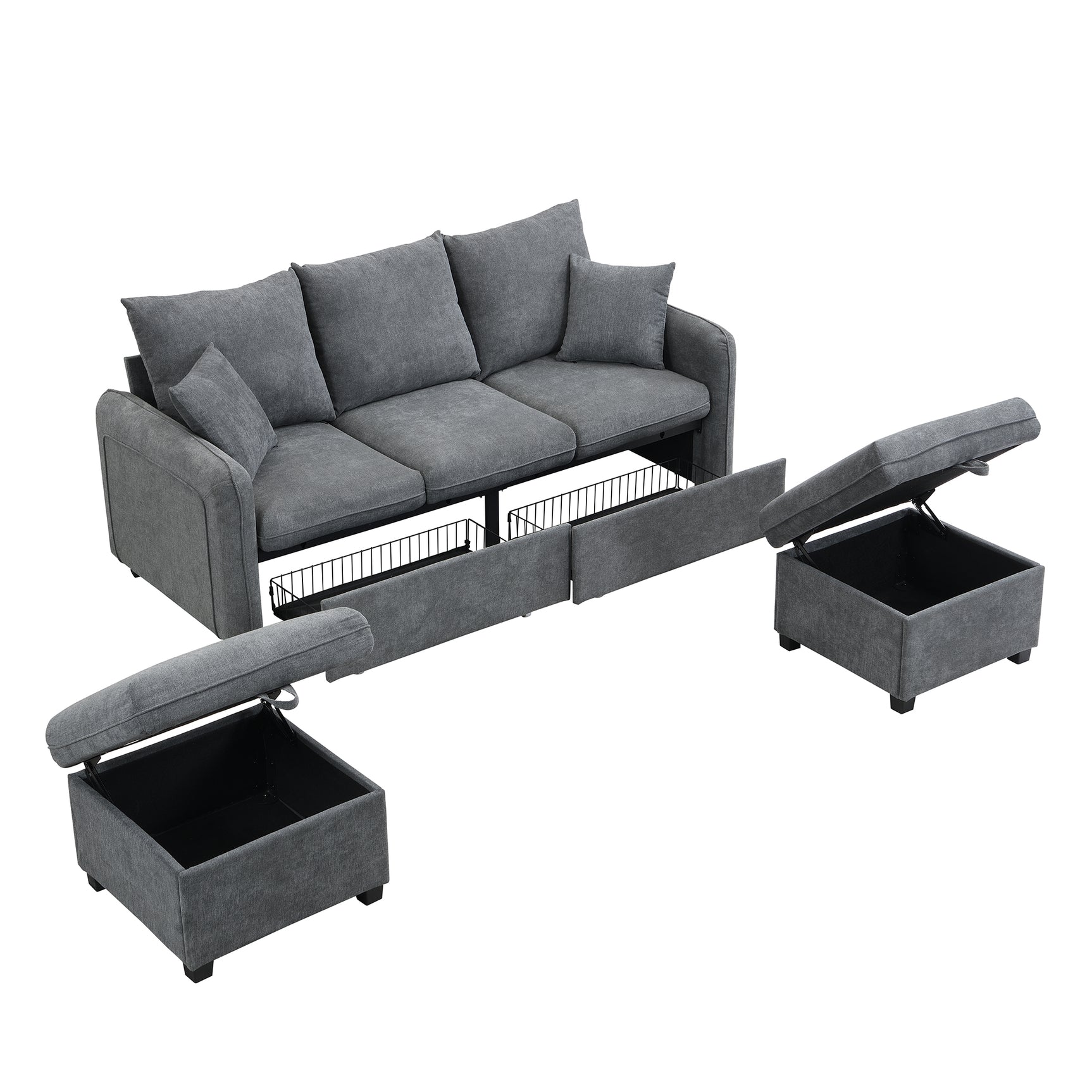 Canapé d'angle 3 places gris en forme de U avec rangement, canapé modulaire multifonction en chenille