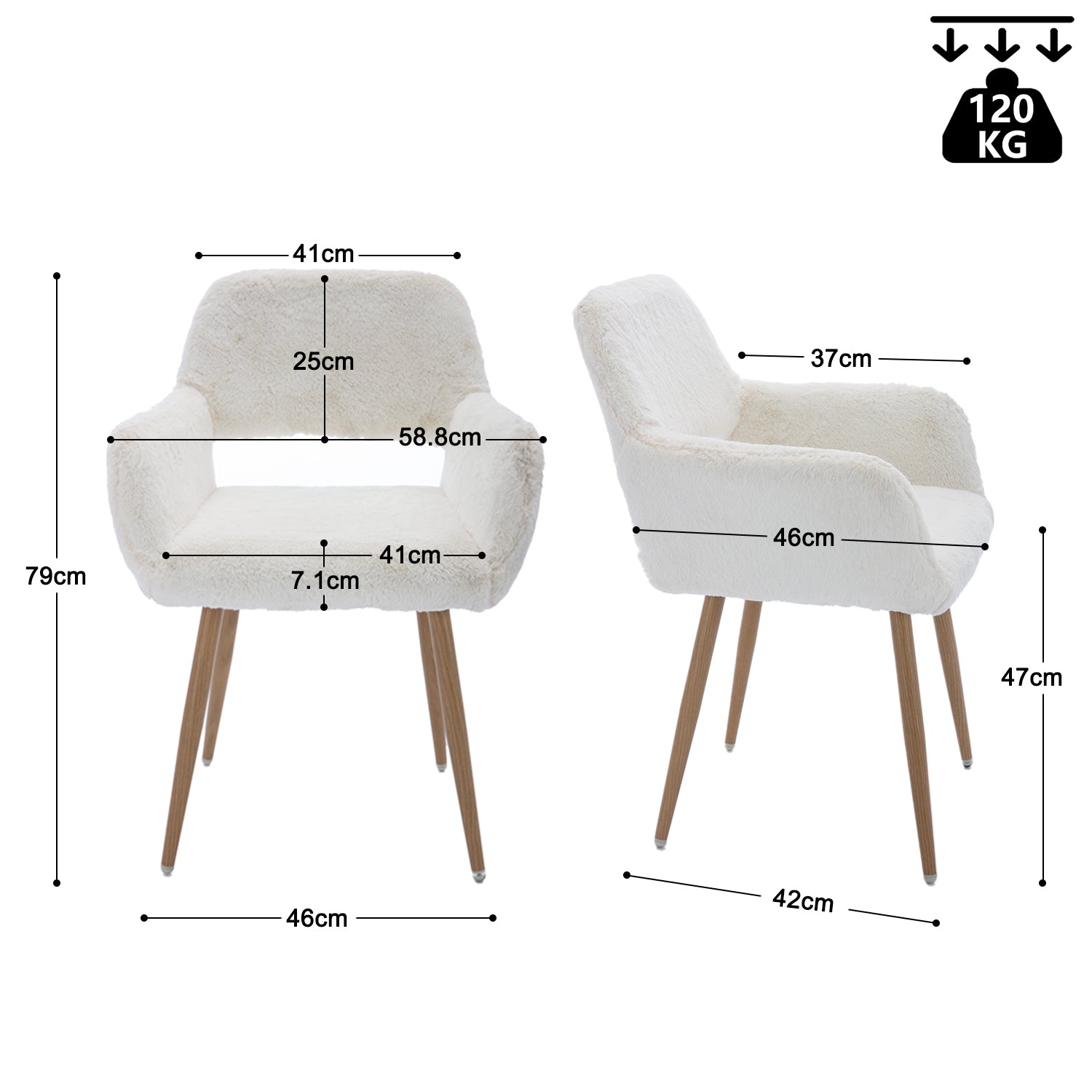 Lot de 2 fauteuils de salle à manger de style scandinave en fausse fourrure blanche avec pieds en métal effet bois