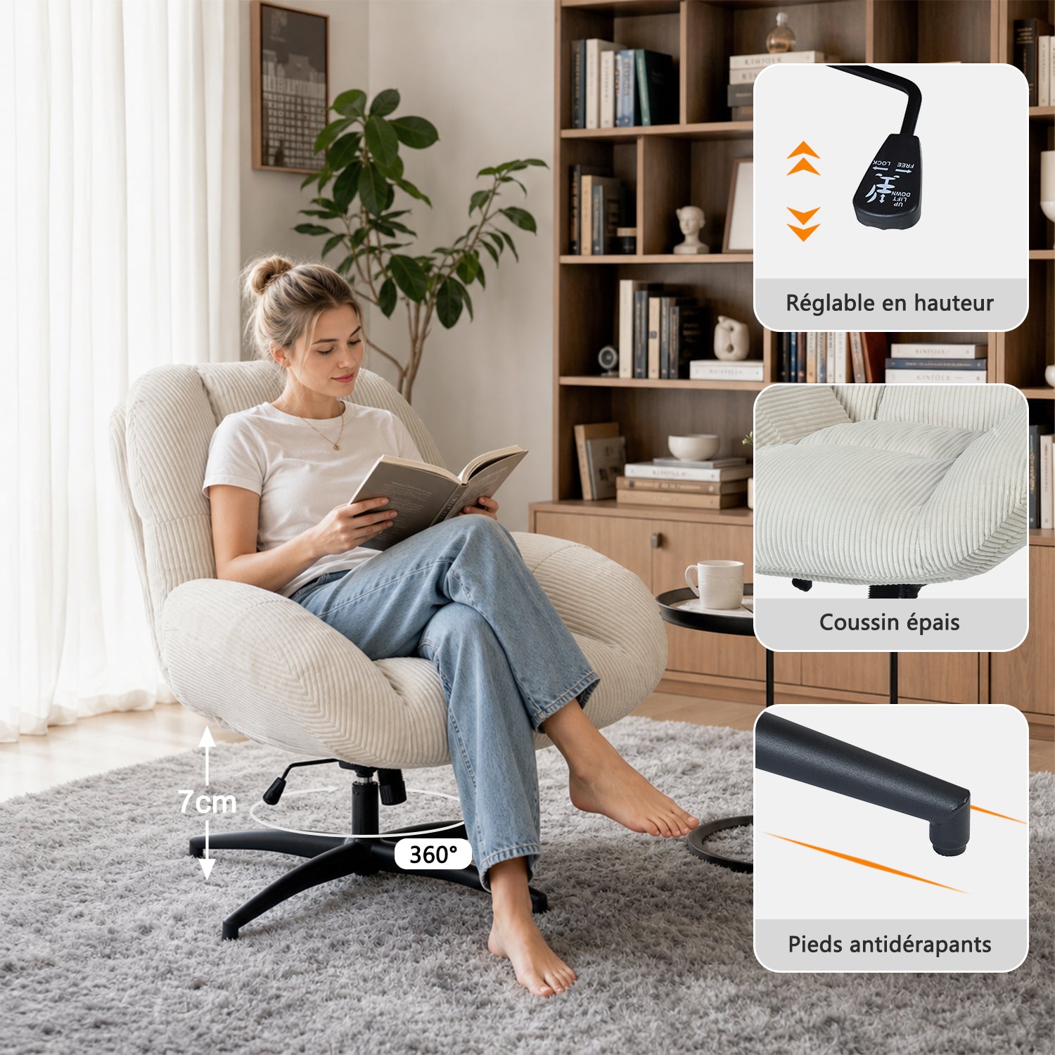 Fauteuil de bureau pivotant scandinave avec accoudoirs en velours côtelé, réglable, beige - LITHOPS FIX