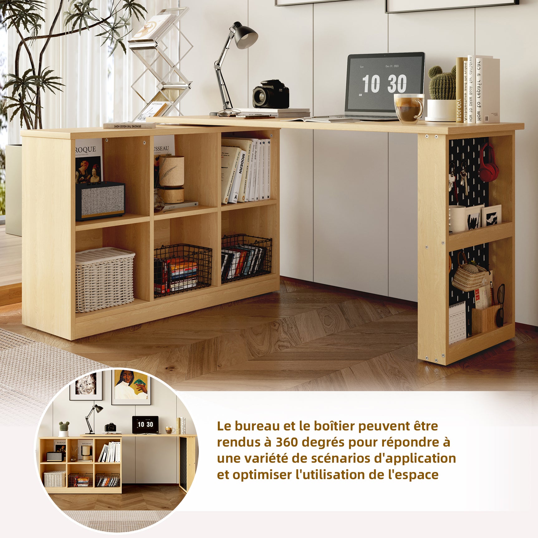 Multifunctional desk 140x104x75 cm in MDF wood with 6 storage compartments, thick tray, shelf and perforated metallic panel