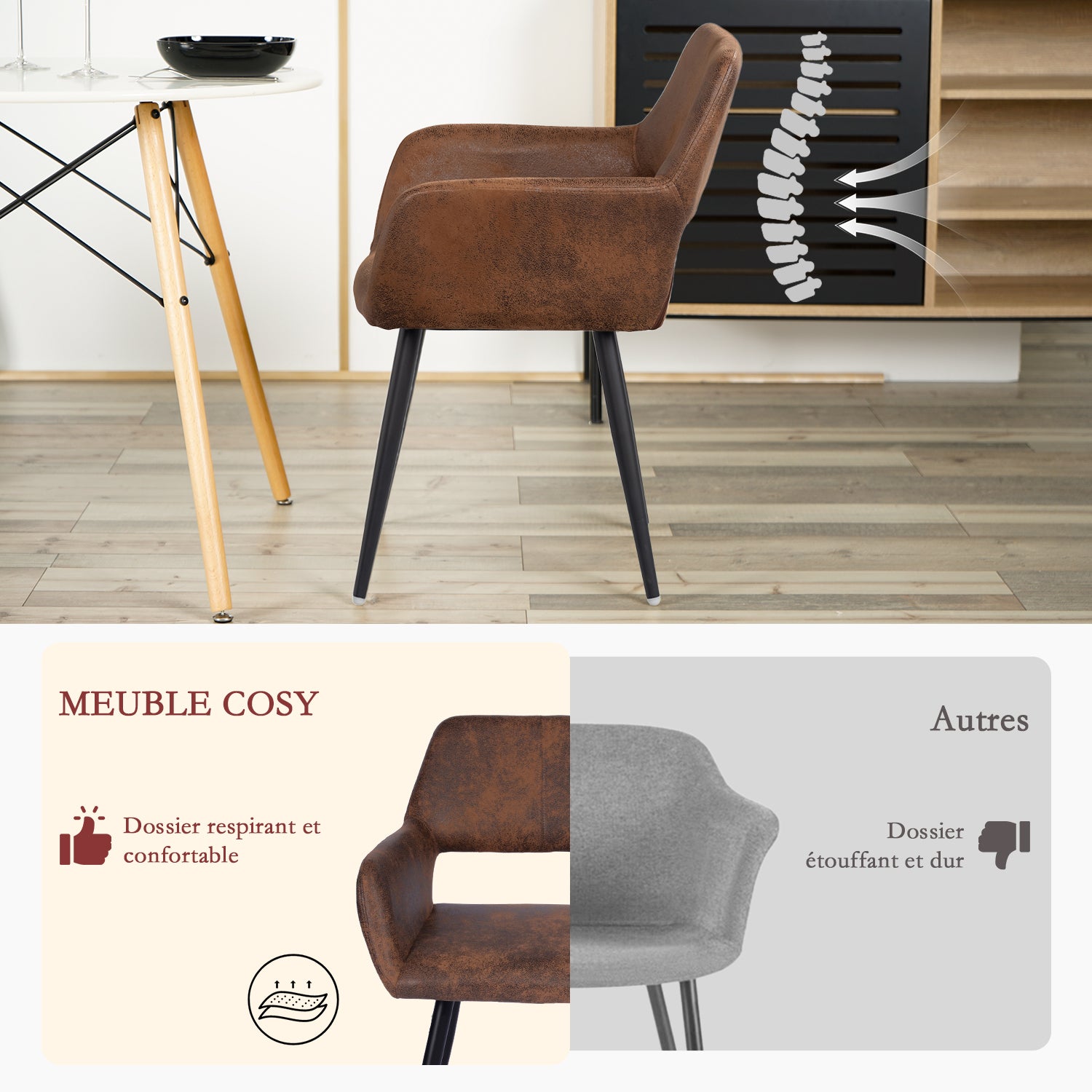 Ensemble table à manger extensible noire avec 4 fauteuils en suédine, style scandinave