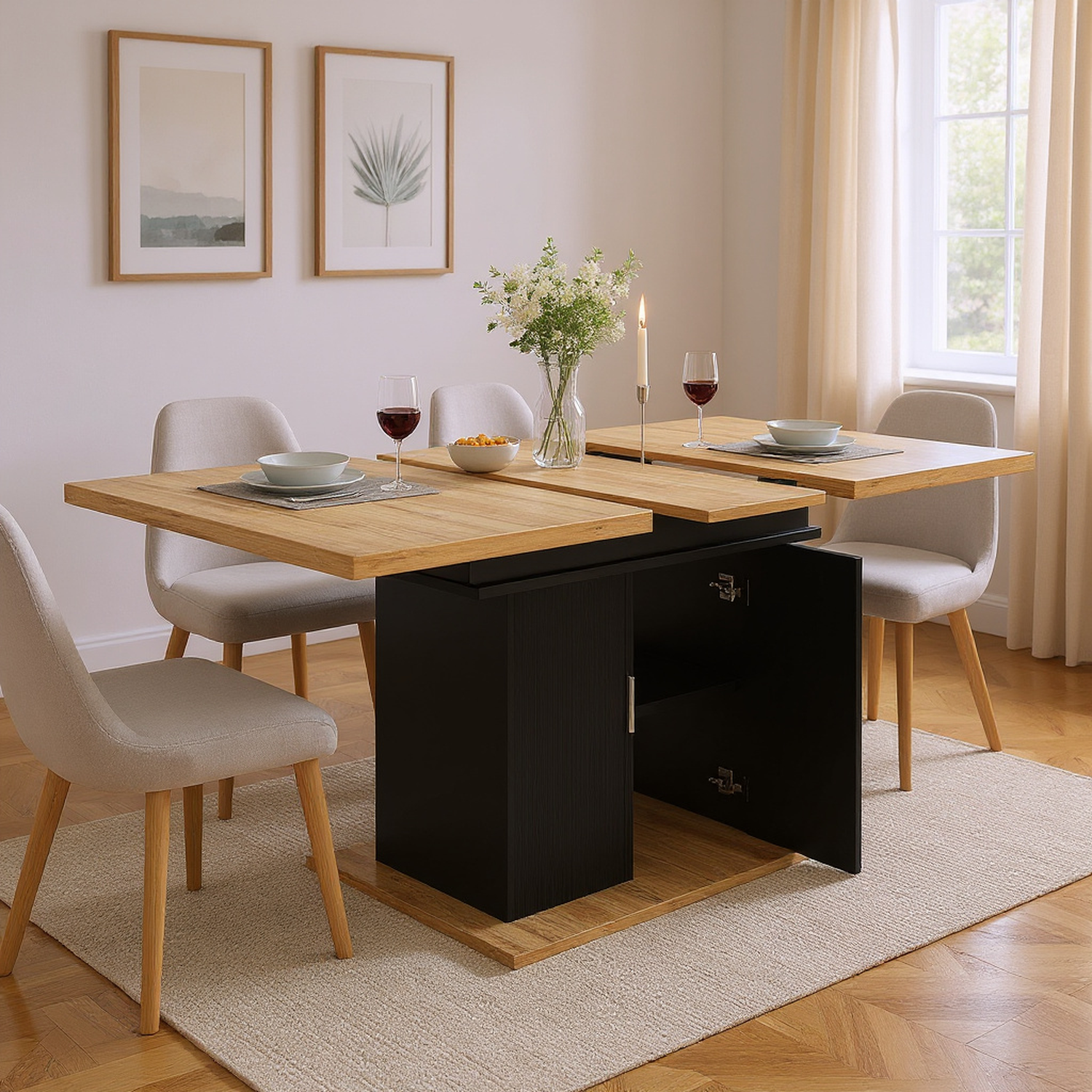 Extensible dining table 140/180x80x75 cm with MDF tray white marble effect and black metal feet