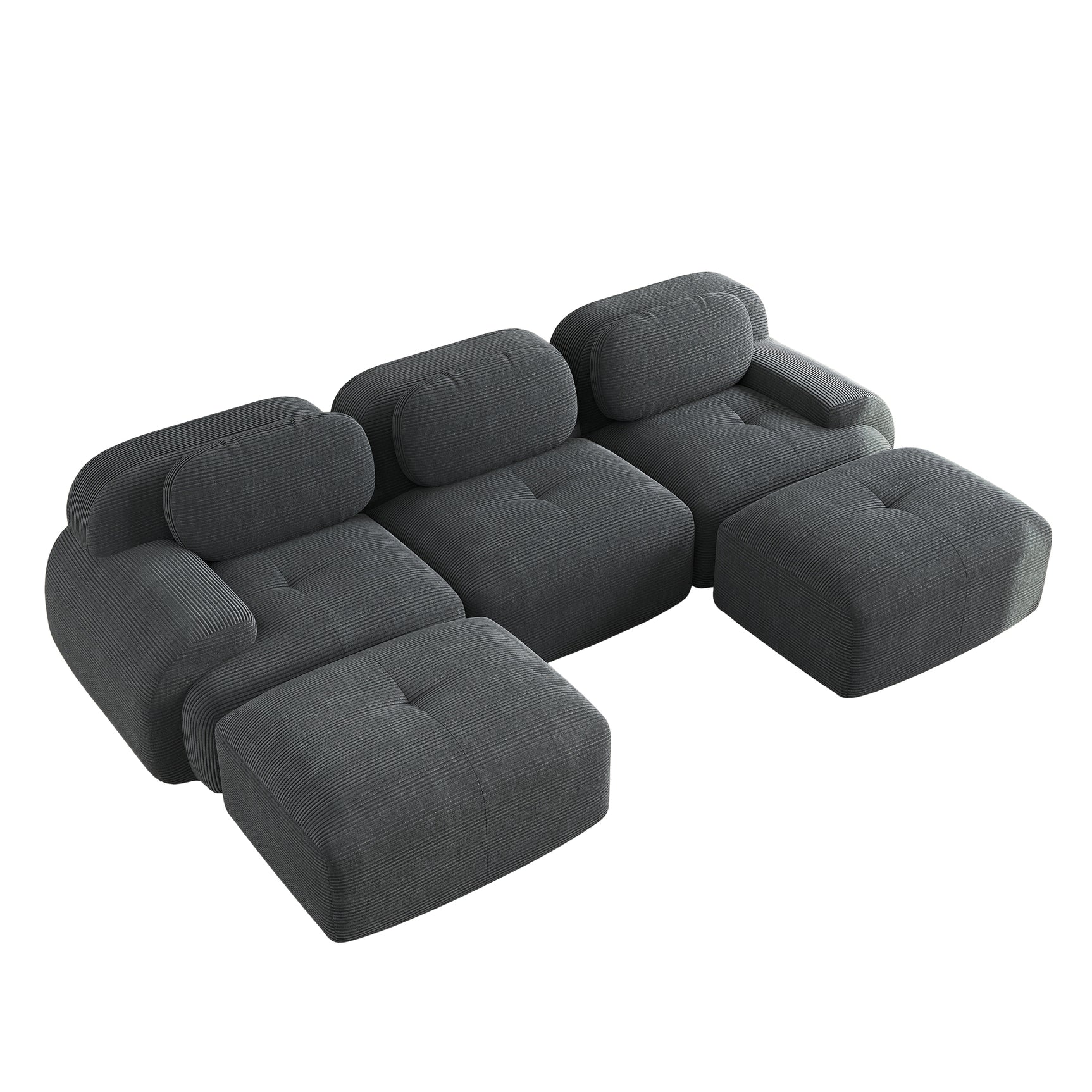 Ensemble de canapés avec accoudoirs incurvés et base antidérapante en tissu velours côtelé doux pour le salon, gris, siège 3 + tabouret 2