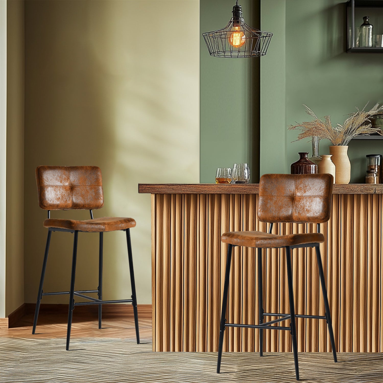 Set of 2 industrial bar stools with suede back - POMONA BAR