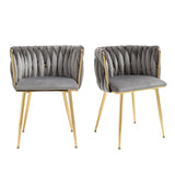 Lot de 2 Chaises en Velours Luxueuses Chaises à Dos Tressé avec Pieds Métal Doré pour Salon Chambre à Coucher Salle à Manger, Gris