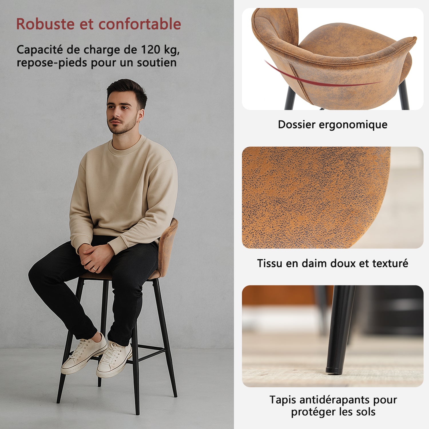 Lot de 2 tabourets de bar industriels avec accoudoirs et dossier en suédine - DONCIC BAR