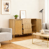 Sideboard Moderne à Rattan et Métal Meuble de Salon avec Schublades Onde 3D et Portes Halbovales Optique de Bois