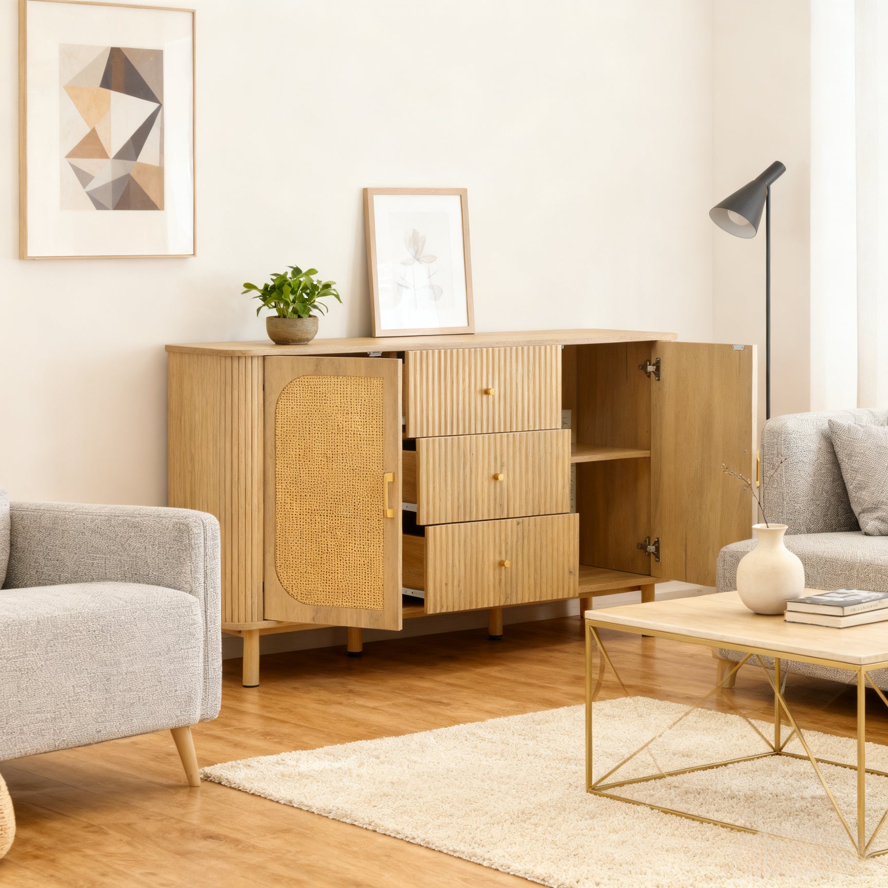 Sideboard Moderne à Rattan et Métal Meuble de Salon avec Schublades Onde 3D et Portes Halbovales Optique de Bois