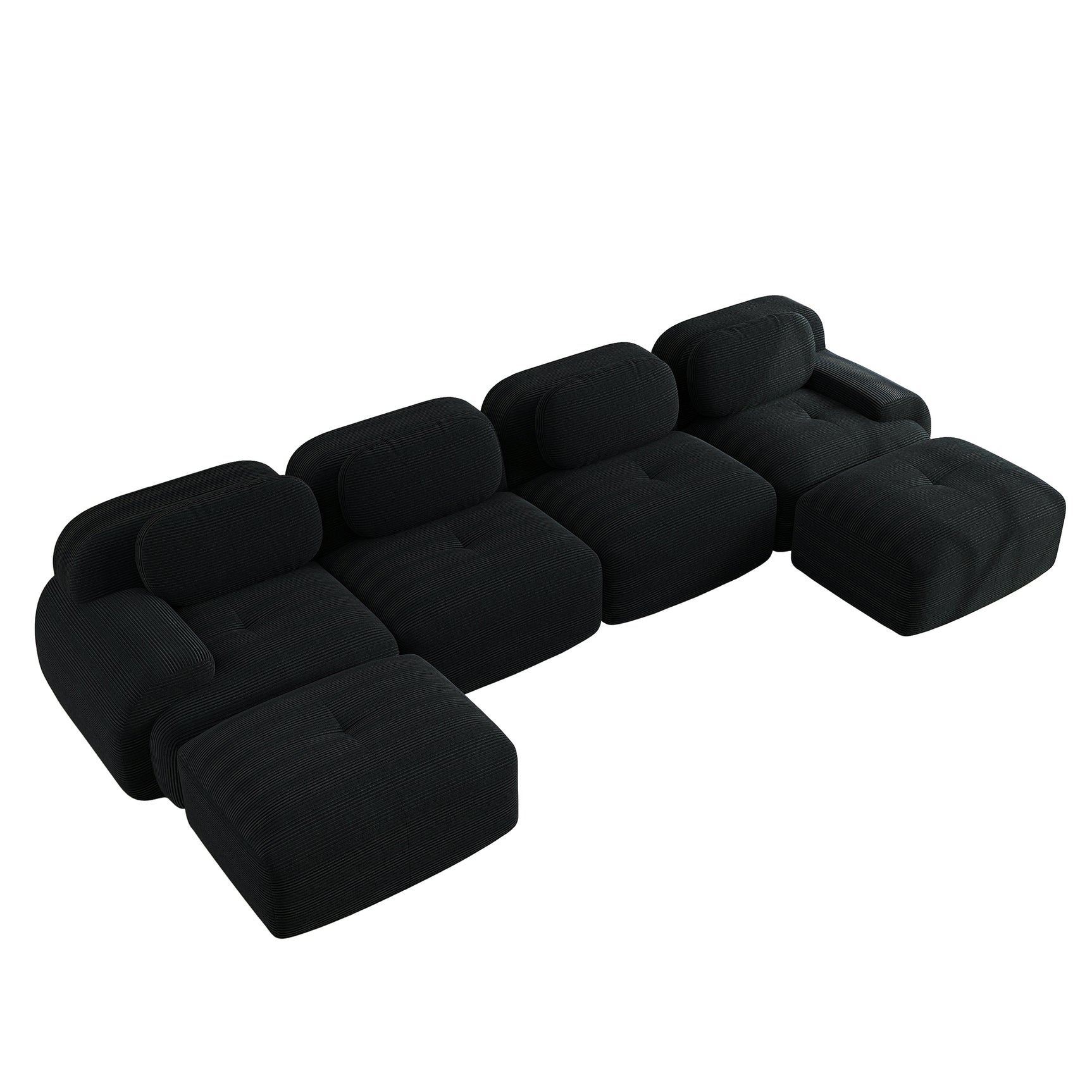 Ensemble de canapés avec accoudoirs incurvés et base antidérapante en tissu velours côtelé doux pour le salon, noir, siège 4+tabouret 2