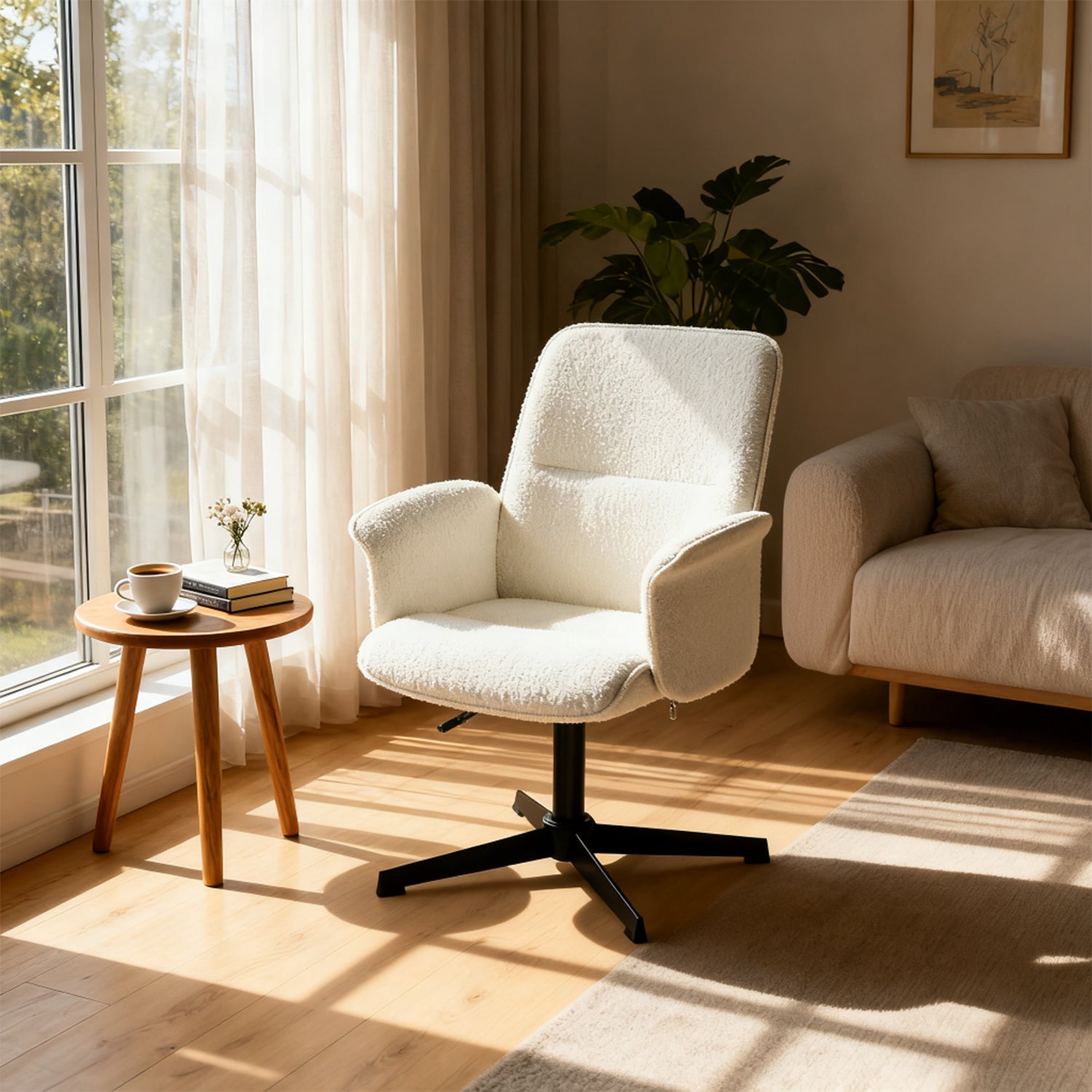 Fauteuil de bureau ergonomique réglable pivotant avec accoudoirs en tissu bouclette blanc - THOMASINA