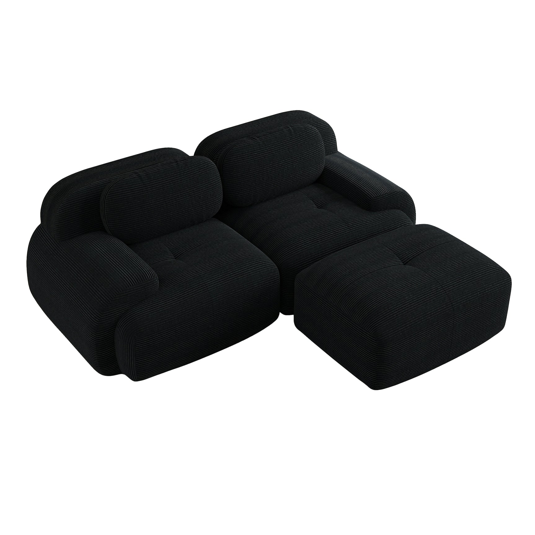 Ensemble de canapés avec accoudoirs incurvés et base antidérapante en tissu velours côtelé doux pour le salon, noir, siège 2 + tabouret 1