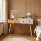 Coiffeuse en bois avec miroir rabattable, 3 tiroirs de rangement et design naturel blanc â€?100x40x78 cm