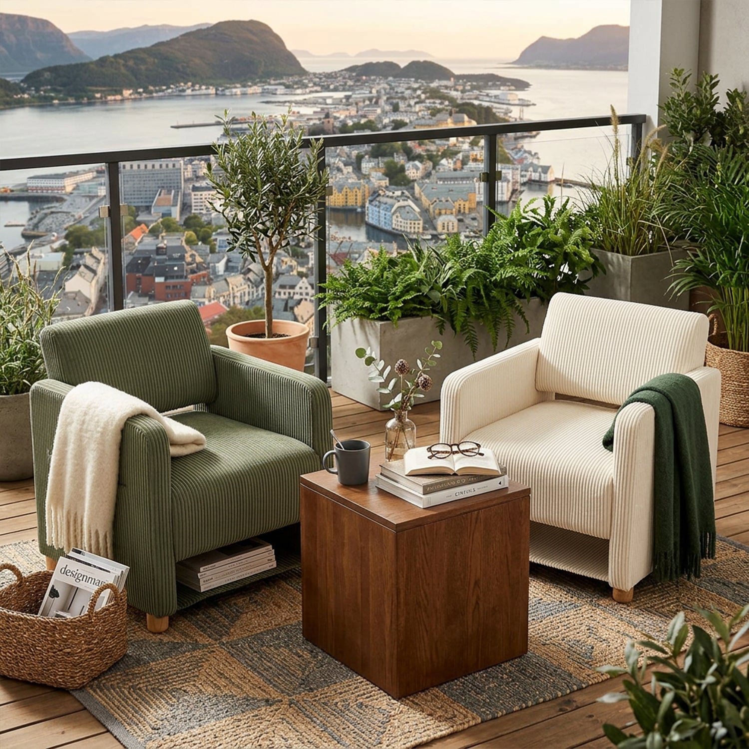 Lounge armchair with armrests in beige corduroy - DOMCO