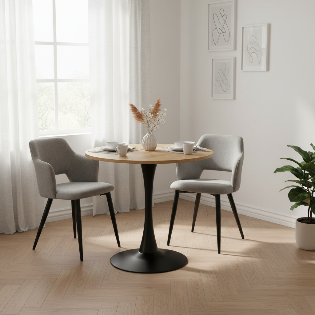 Ensemble de salle à manger de style scandinave composé d'une table ronde en chêne et de 2 fauteuils en tissu gris