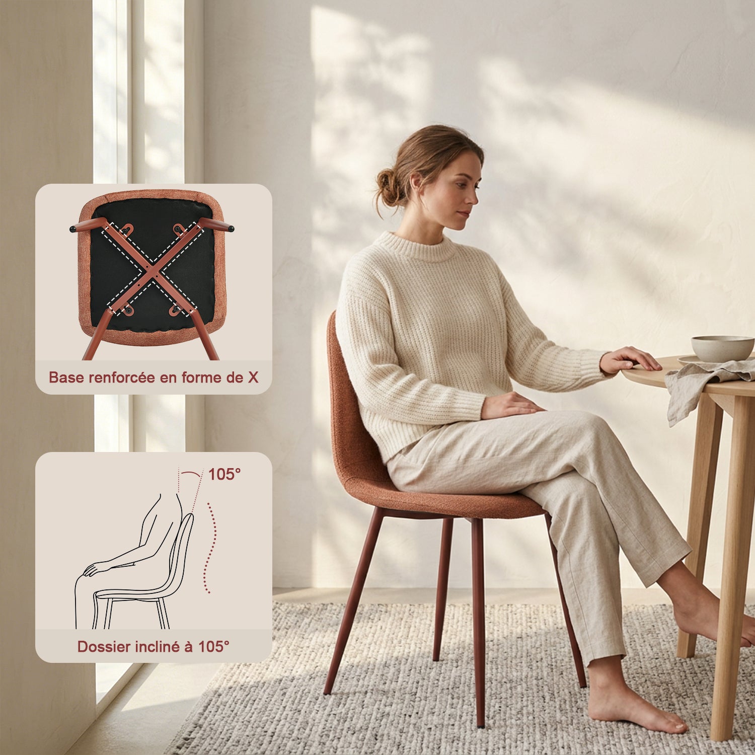 Lot de 4 chaises de salle à manger en tissu rouge doux, chaises de détente avec dossier et pieds métalliques assortis scandinave - CHARLTON