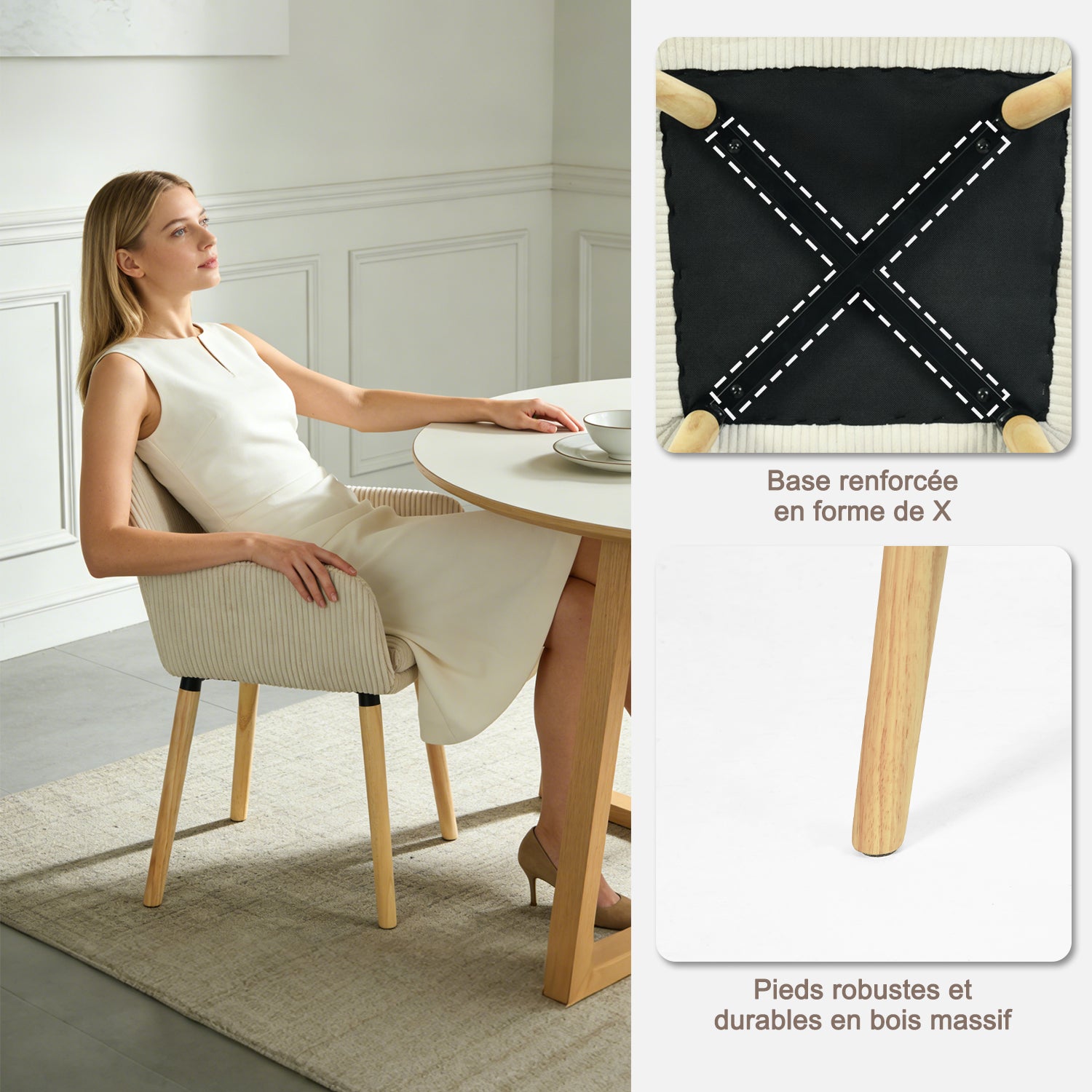 Lot de 2 chaises de salle à manger de style scandinave avec pieds en bois et accoudoirs en velours côtelé beige - ELIA