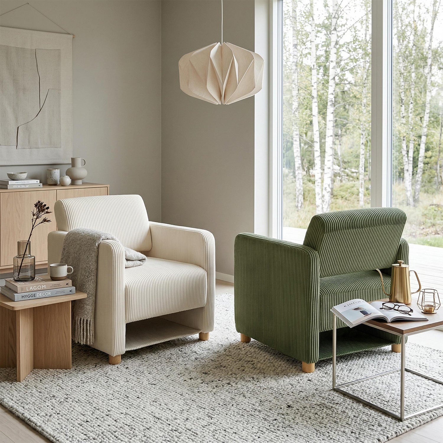 Lounge armchair with armrests in beige corduroy - DOMCO