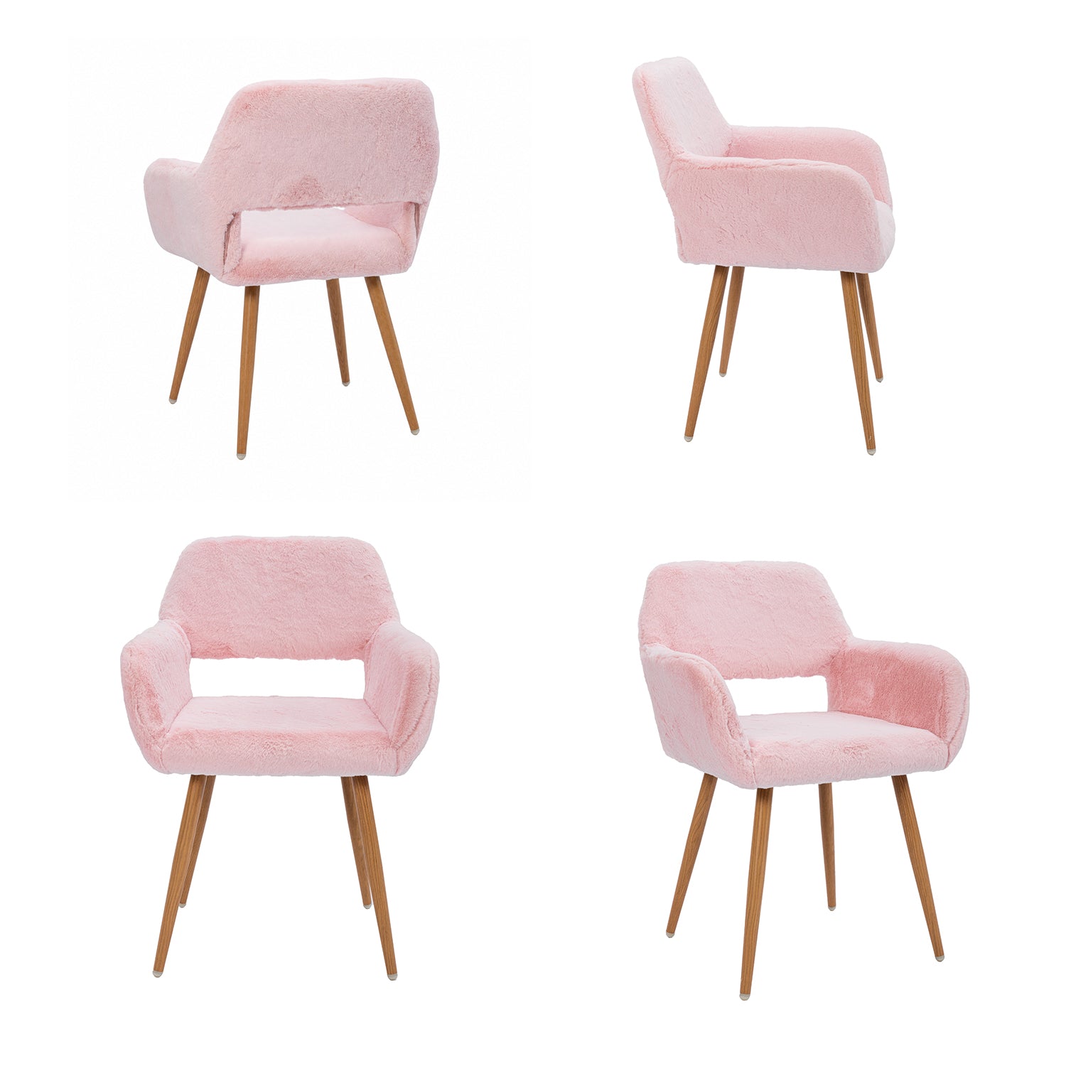 Chaise de salle à manger de style scandinave en fausse fourrure rose avec pieds en métal effet bois