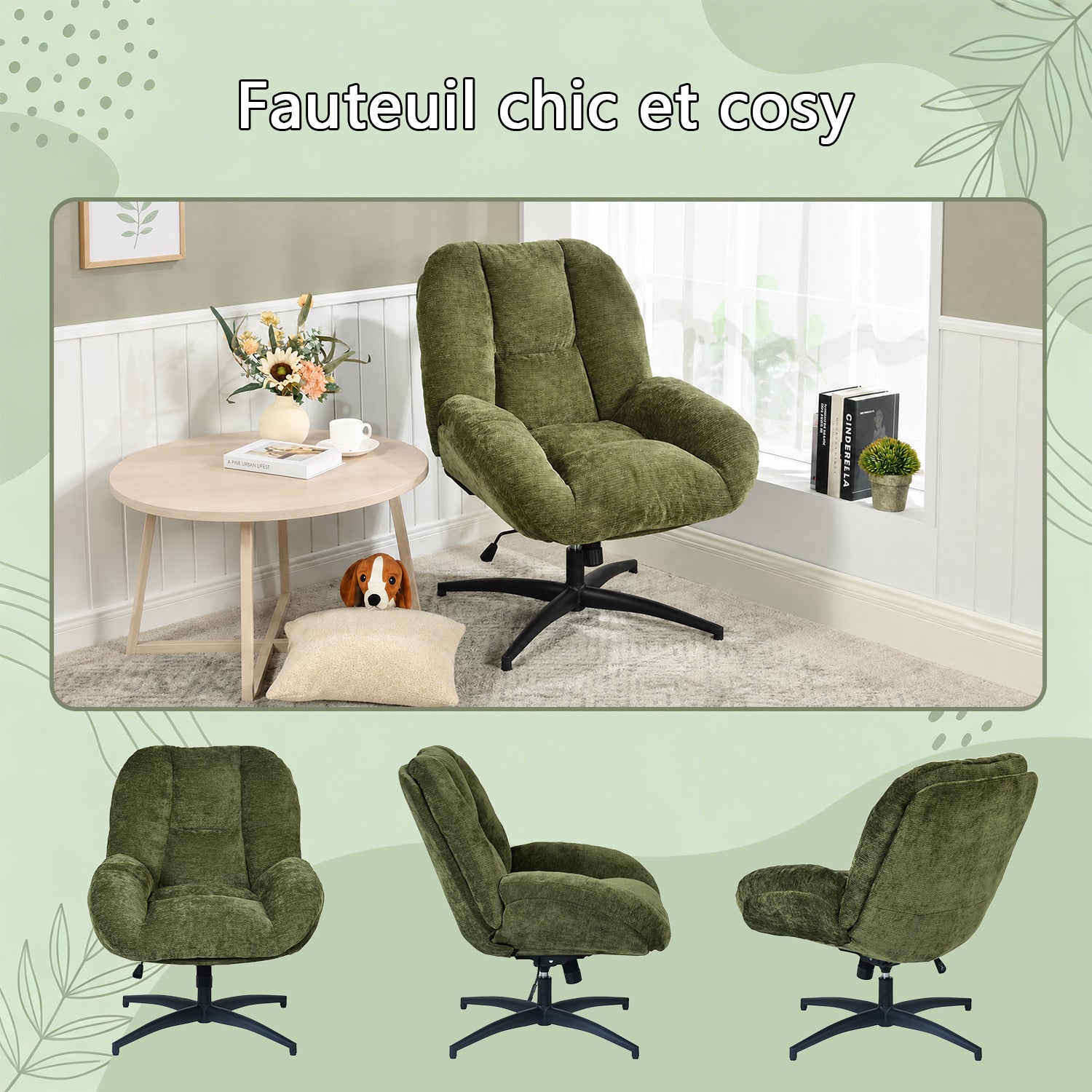 Fauteuil de bureau pivotant scandinave avec accoudoirs en tissu chenille, réglable, vert - LITHOPS FIX