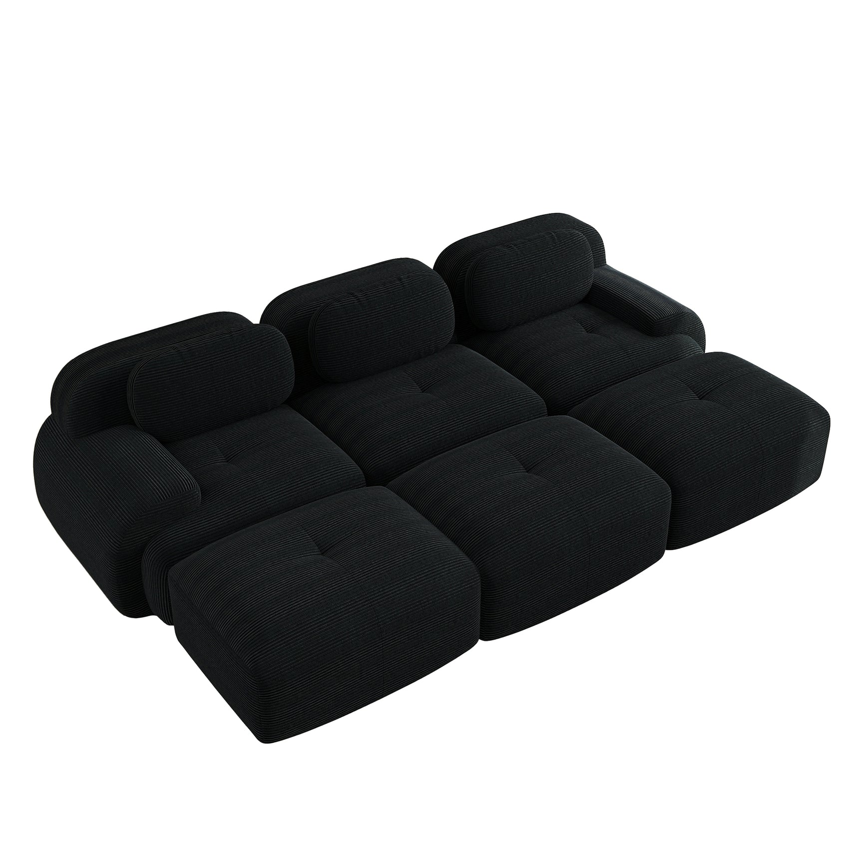 Ensemble de canapés avec accoudoirs incurvés et base antidérapante en tissu velours côtelé doux pour le salon, noir, siège 3 + tabouret 3