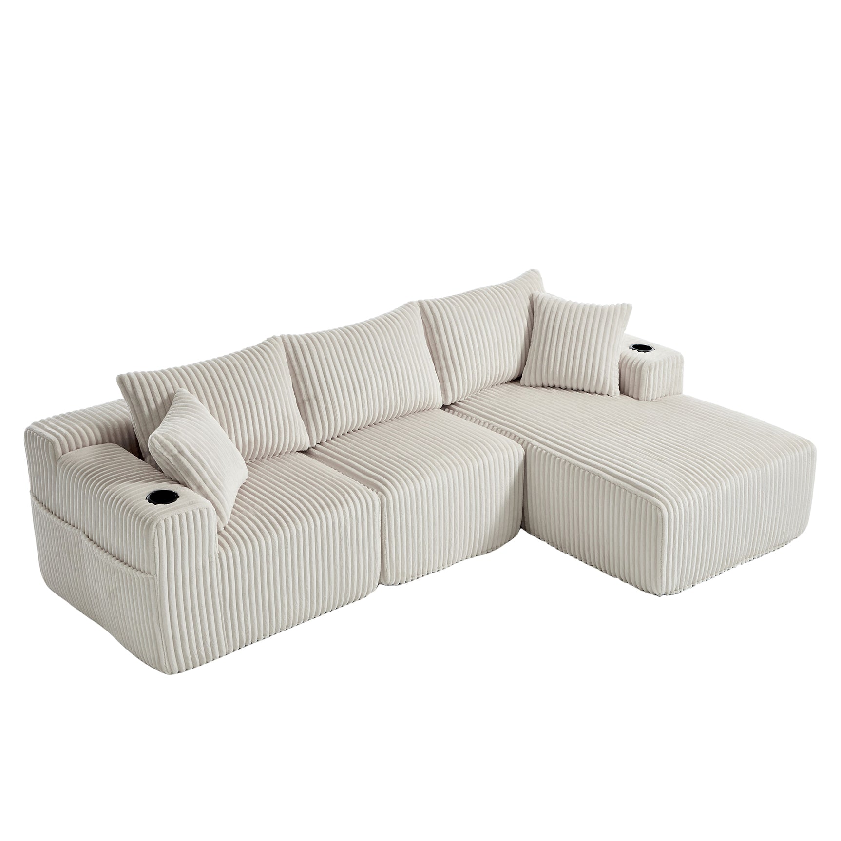 Ensemble canapé avec coussins, poches latérales et porte-gobelets en velours côtelé doux pour salon, blanc