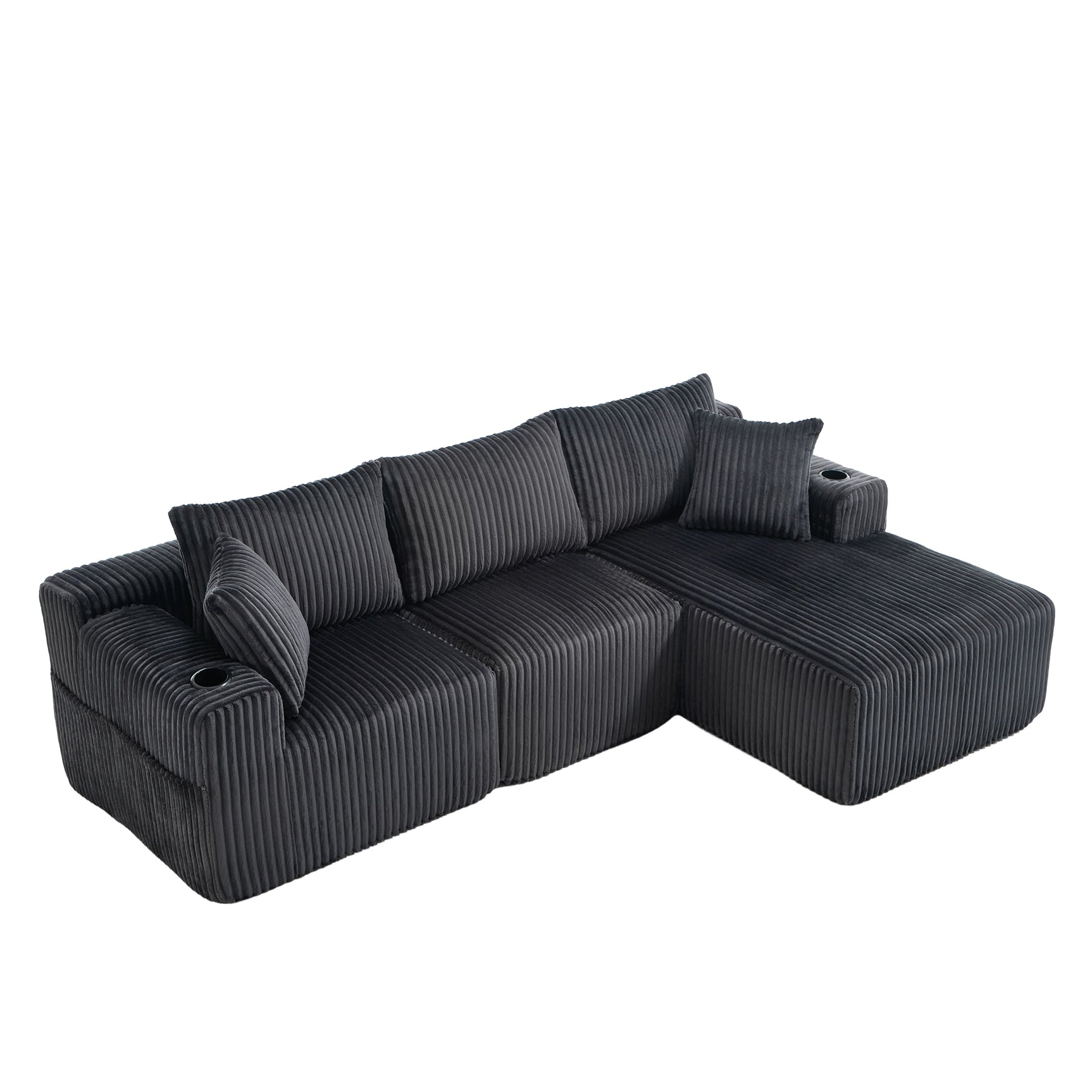 Ensemble canapé avec coussins, poches latérales et porte-gobelets en velours côtelé doux pour salon, gris