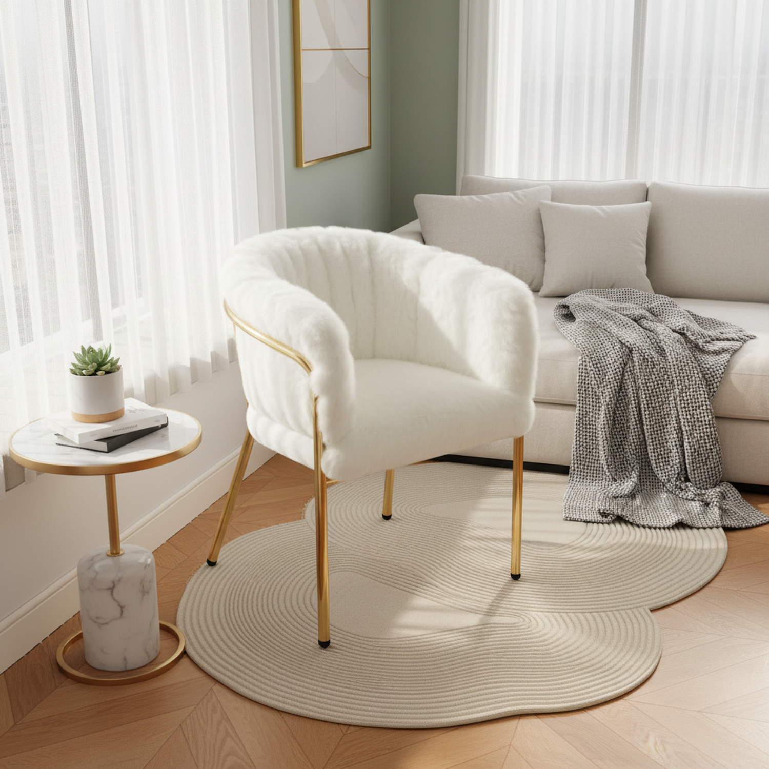 Lot de 6 chaise de loisirs individuelle en imitation de velours de lapin Chaise élégante à quatre pieds en métal beige pour salon chambre à coucher et salle à manger