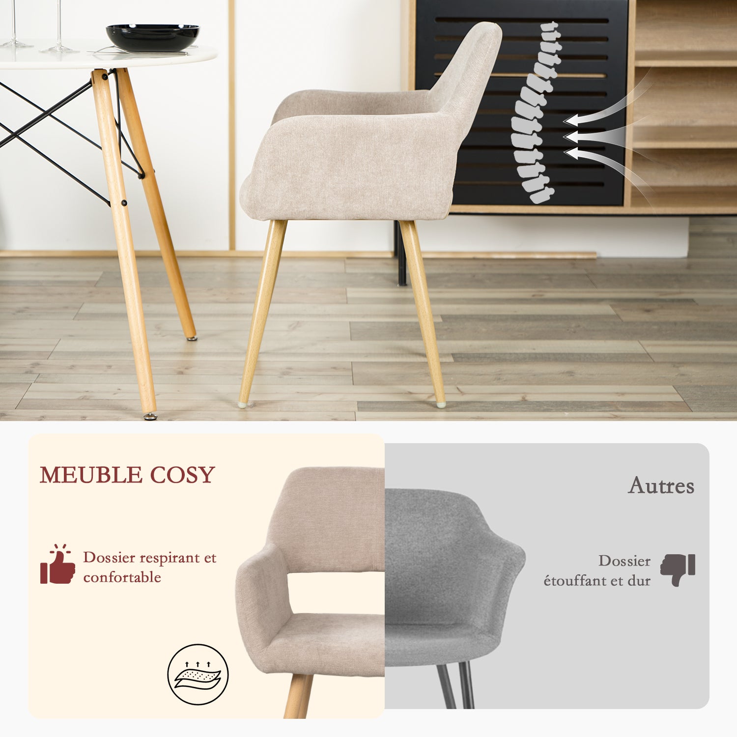 Lot de 4 fauteuils de salle à manger scandinaves avec accoudoirs en tissu beige - CROMWELL